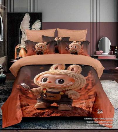 Cu personaje - Lenjerie Din Bumbac Tip Finet Premium Pentru Copii Cu Elastic 1 Persoana - Labubu Pe Marte