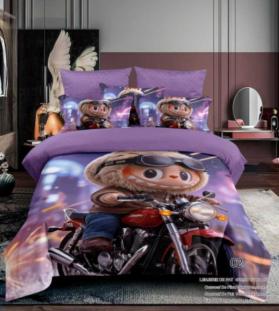 Cu personaje - Lenjerie Din Bumbac Tip Finet Premium Pentru Copii Cu Elastic 1 Persoana - Labubu Pe Motor