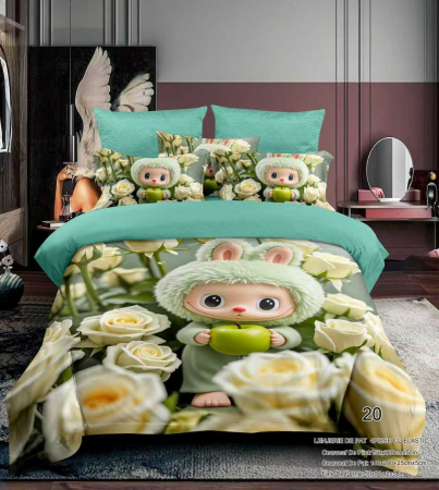 Cu personaje - Lenjerie Din Bumbac Tip Finet Premium Pentru Copii Cu Elastic 1 Persoana - Labubu Printre Trandafiri