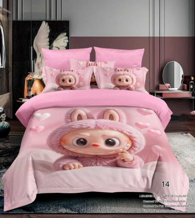 Cu personaje - Lenjerie Din Bumbac Tip Finet Premium Pentru Copii Cu Elastic 1 Persoana - Labubu Roz Indragostit