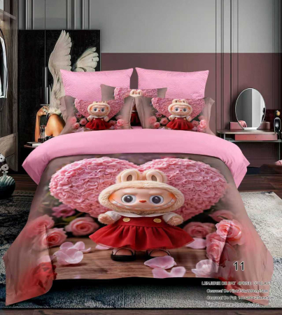 Cu personaje - Lenjerie Din Bumbac Tip Finet Premium Pentru Copii Cu Elastic 1 Persoana - Labubu Si Inimioara de Trandafiri