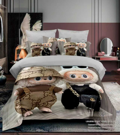 Cu personaje - Lenjerie Din Bumbac Tip Finet Premium Pentru Copii Cu Elastic 1 Persoana - Labubu Si Iubita Fashion