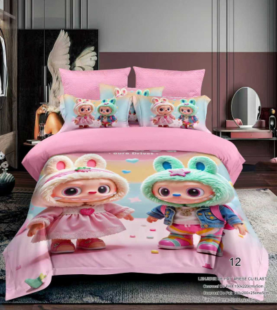 Cu personaje - Lenjerie Din Bumbac Tip Finet Premium Pentru Copii Cu Elastic 1 Persoana - Labubu Si Iubita Fericiti