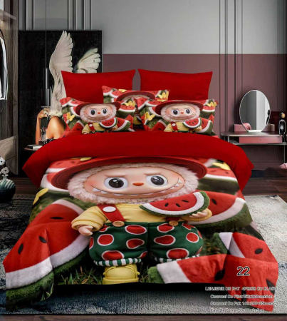 Cu personaje - Lenjerie Din Bumbac Tip Finet Premium Pentru Copii Cu Elastic 1 Persoana - Labubu Si Pepene Rosu