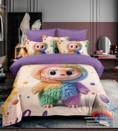 Cu personaje - Lenjerie Din Bumbac Tip Finet Premium Pentru Copii Cu Elastic 1 Persoana - Labubu Si Planete Colorate