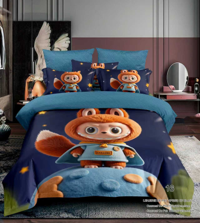 Cu personaje - Lenjerie Din Bumbac Tip Finet Premium Pentru Copii Cu Elastic 1 Persoana - Labubu Vulpe Si Cer Instelat