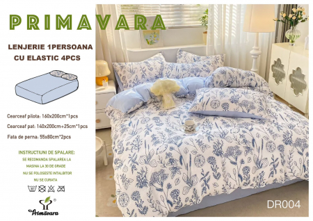 LENJERII 1 PERSOANA - Lenjerie Din Bumbac Tip Finet Textura Creponata 1 Persoana Cu Elastic - Flori Si Portocale