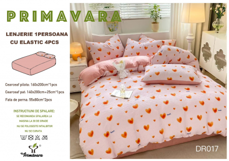 LENJERII 1 PERSOANA - Lenjerie Din Bumbac Tip Finet Textura Creponata 1 Persoana Cu Elastic - Inimioare Dulci