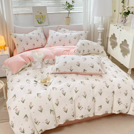 LENJERII 1 PERSOANA - Lenjerie Din Bumbac Tip Finet Textura Creponata 1 Persoana Cu Elastic - Lalele Roz