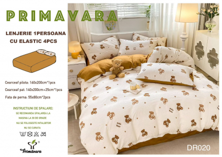 LENJERII 1 PERSOANA - Lenjerie Din Bumbac Tip Finet Textura Creponata 1 Persoana Cu Elastic - Ursuleti