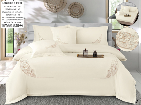 Lenjerie Din Bumbac Tip Finet Textura Fina Cu Broderie Si Elastic - Crem [0]