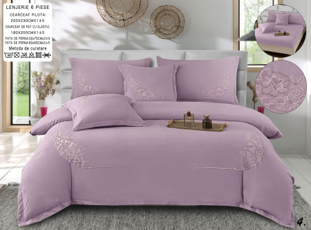 LENJERII DE PAT - Lenjerie Din Bumbac Tip Finet Textura Fina Cu Broderie Si Elastic - Lila