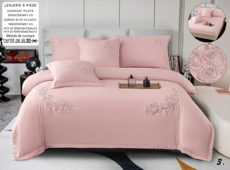 LENJERII DE PAT - Lenjerie Din Bumbac Tip Finet Textura Fina Cu Broderie Si Elastic - Roz