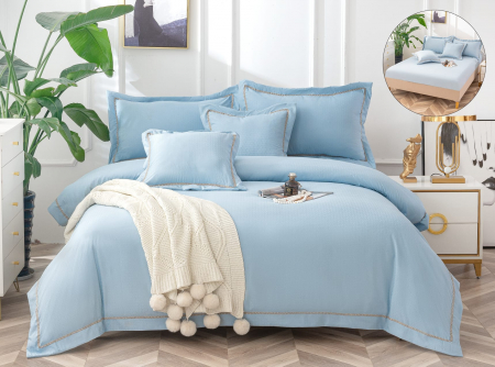 LENJERII DE PAT - Lenjerie Din Bumbac Tip Finet Textura Neteda Insertie Banda - Bleu