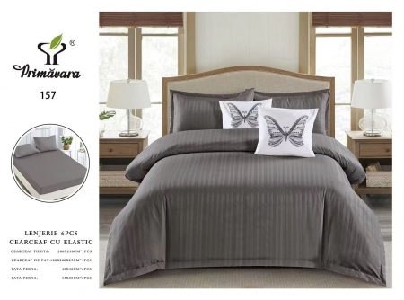 Cearceaf cu elastic 6 piese - Lenjerie Din Damasc Cu Elastic Si Fete De Pernuta - Gri Cenusiu