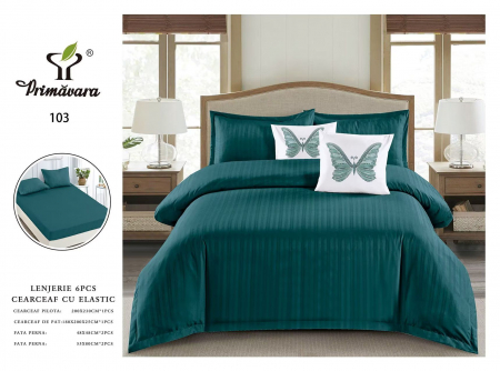 LENJERII DE PAT - Lenjerie Din Damasc Cu Elastic Si Fete De Pernuta - Verde
