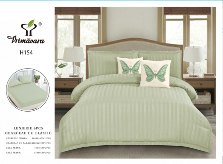 LENJERII DE PAT - Lenjerie Din Damasc Cu Elastic Si Fete De Pernuta - Verde Fistic