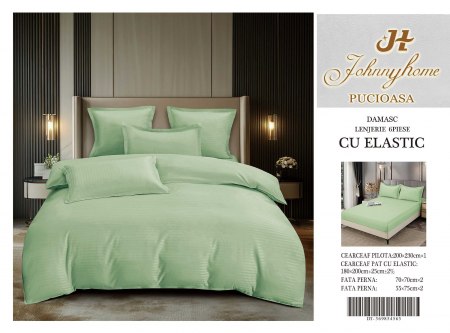 Lenjerie Din Damasc Satinat Cu Elastic 6 Piese - Verde Fistic [1]