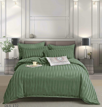 Bumbac Tip Damasc - Lenjerie Din Damasc Satinat Cu Elastic 6 Piese - Verde Inchis