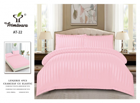 Cearceaf cu elastic 4 piese - Lenjerie Din Bumbac Tip Damasc Cu Elastic 4 Piese - Roz Pudra