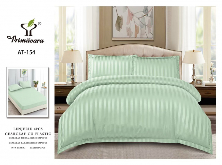 Cearceaf cu elastic 4 piese - Lenjerie Din Bumbac Tip Damasc Cu Elastic 4 Piese - Verde Fistic