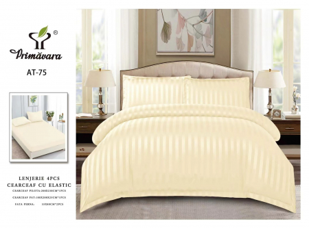 Cearceaf cu elastic 4 piese - Lenjerie Din Bumbac Tip Damasc Cu Elastic 4 Piese - Crem
