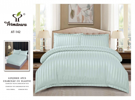 Cearceaf cu elastic 4 piese - Lenjerie Din Damasc Satinat Cu Elastic -  Verde Ou De Rata