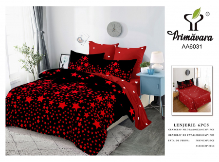 Bumbac Tip Finet 6 Piese - Lenjerie Din Finet 6 Piese - Negru Cu Stelute Rosii