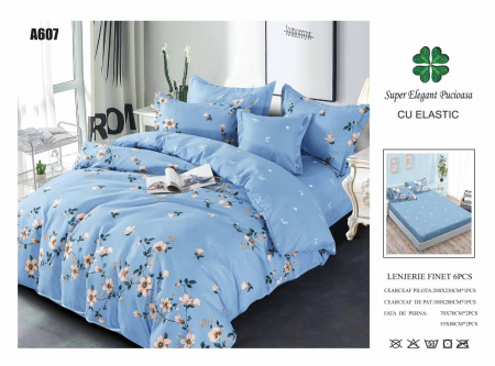 Bumbac Tip Finet Cu Elastic - Lenjerie Din Finet Cu Elastic - Albastru Cu Floricele