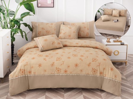 Bumbac Tip Finet Cu Elastic - Lenjerie Din Finet Cu Elastic - Bej Cu Floricele