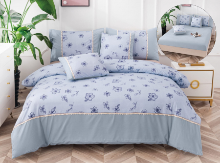 Bumbac Tip Finet Cu Elastic - Lenjerie Din Finet Cu Elastic - Bleu Cu Floricele
