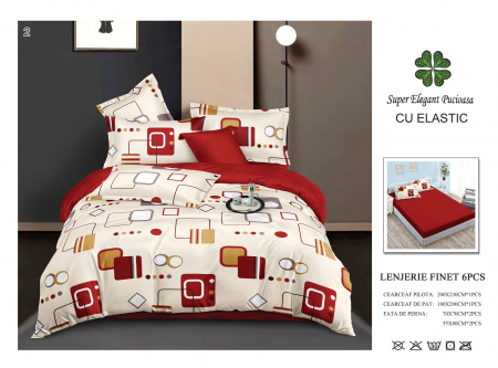 Bumbac Tip Finet Cu Elastic - Lenjerie Din Finet Cu Elastic - Bordo Cu Forme Geometrice