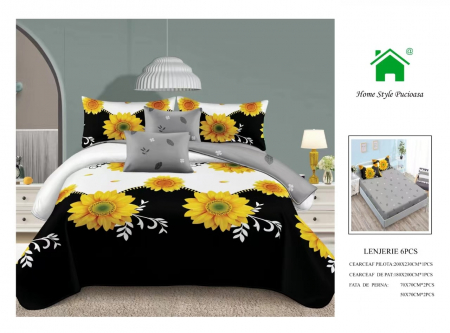 Bumbac Tip Finet Cu Elastic - Lenjerie De Pat Finet Cu Elastic - Floarea Soarelui Alb Negru