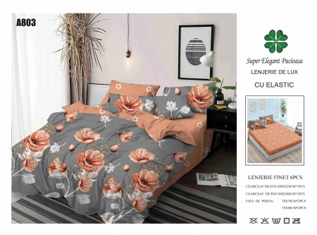 Bumbac Tip Finet Cu Elastic - Lenjerie Din Finet Cu Elastic - Flori Portocalii