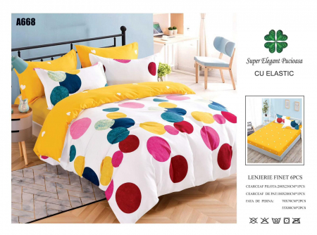 Bumbac Tip Finet Cu Elastic - Lenjerie Din Finet Cu Elastic - Galben Buline Multicolor