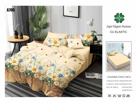 Bumbac Tip Finet Cu Elastic - Lenjerie Din Finet Cu Elastic - Galben Floricele