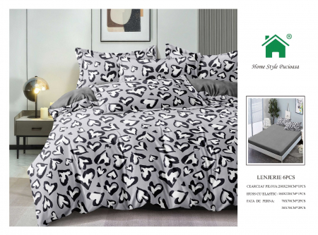 Bumbac Tip Finet Cu Elastic - Lenjerie De Pat Finet Cu Elastic - Gri Cu Print Inimioare