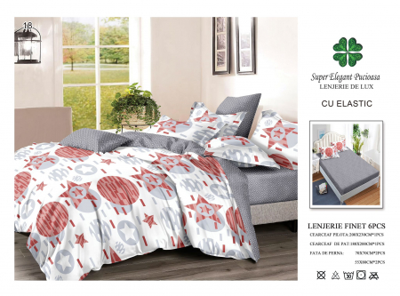 Bumbac Tip Finet Cu Elastic - Lenjerie Din Finet Cu Elastic - Gri Stele Rosii
