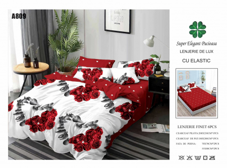 Bumbac Tip Finet Cu Elastic - Lenjerie Din Finet Cu Elastic - Inimioare Florale
