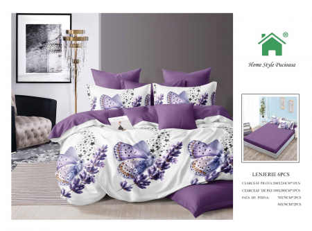 Bumbac Tip Finet Cu Elastic - Lenjerie De Pat Finet Cu Elastic - Lavanda Si Fluturi
