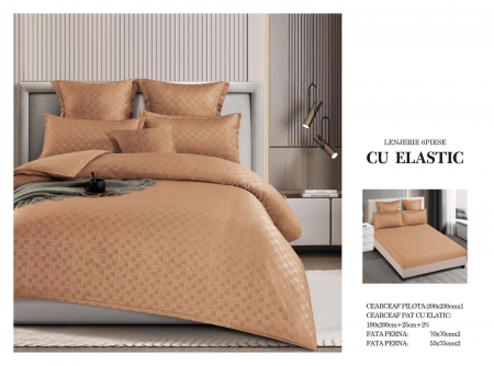 Bumbac Tip Finet Cu Elastic - Lenjerie Din Finet Cu Elastic Model Carouri - Maro