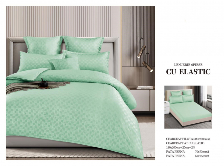 Bumbac Tip Finet Cu Elastic - Lenjerie Din Finet Cu Elastic Model Carouri - Verde Mint