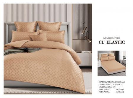 Bumbac Tip Finet Cu Elastic - Lenjerie Din Finet Cu Elastic Model Carouri - Bej