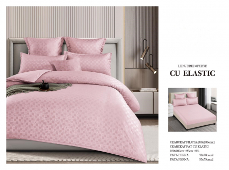 Bumbac Tip Finet Cu Elastic - Lenjerie Din Finet Cu Elastic Model Carouri - Roz