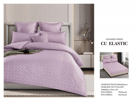 Bumbac Tip Finet Cu Elastic - Lenjerie Din Finet Cu Elastic Model Carouri - Lila