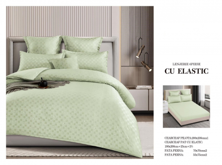 Bumbac Tip Finet Cu Elastic - Lenjerie Din Finet Cu Elastic Model Carouri - Verde Fistic