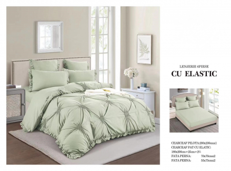 Cearceaf cu elastic - Lenjerie Din Finet Cu Elastic Model Inimioare Brodate - Verde Fistic