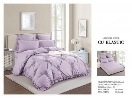 Cearceaf cu elastic - Lenjerie Din Finet Cu Elastic Model Inimioare Brodate - Lilac
