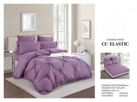 Cearceaf cu elastic - Lenjerie Din Finet Cu Elastic Model Inimioare Brodate - Mov