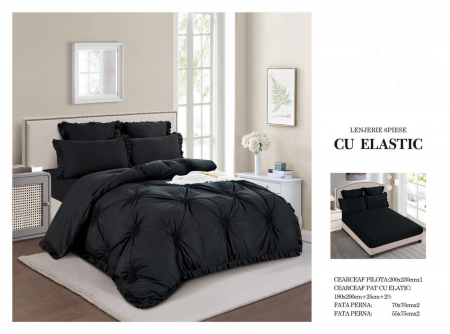Cearceaf cu elastic - Lenjerie Din Finet Cu Elastic Model Inimioare Brodate - Negru